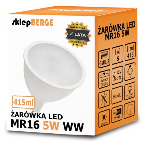 Żarówka LED 12V - MR16 - 5W - 415 lm - biała ciepła