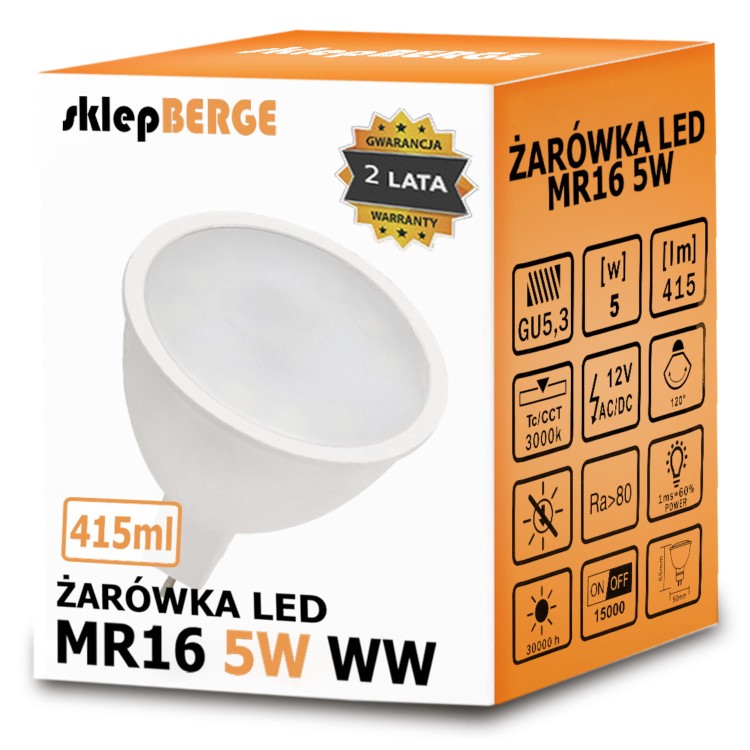 Żarówka LED 12V - MR16 - 5W - 415 lm - biała ciepła