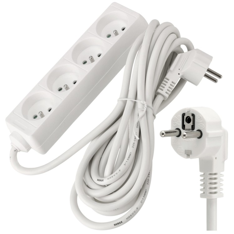 Przedłużacz 5m z uziemieniem 4 gniazda - biały 3*1,5 mm2 16A 3680W