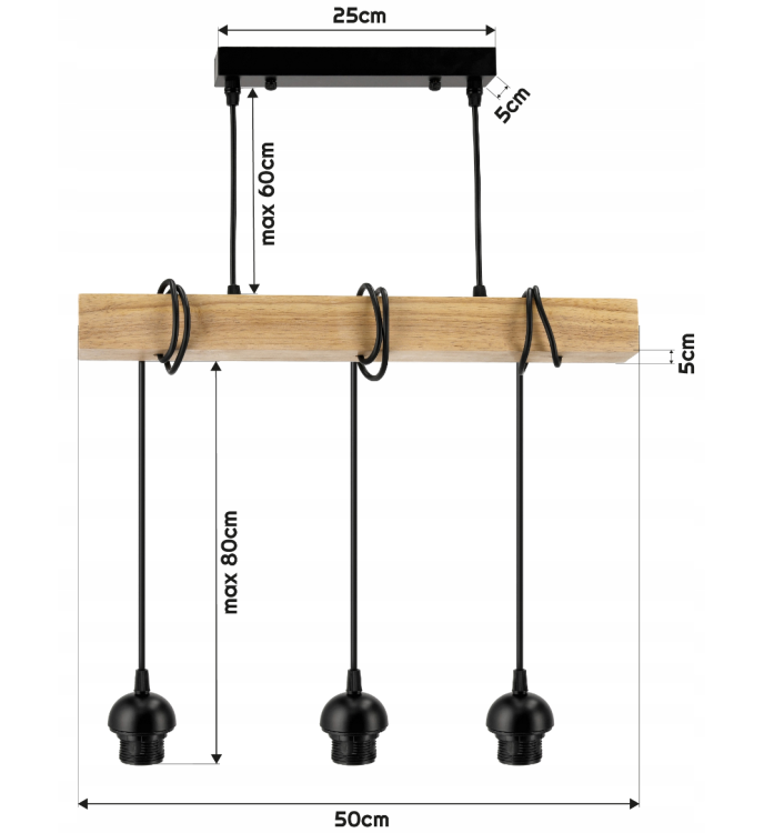 Lampa sufitowa wisząca LED 3xE27 - drewniana regulowana