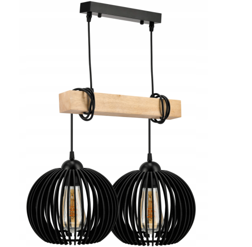 Lampa sufitowa wisząca LED drewniana belka 2xE27 Żyrandol Kula Gęsta Czarna