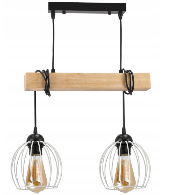 Lampa sufitowa wisząca LED drewniana belka 2xE27 Żyrandol Kula Druciana