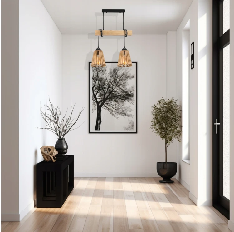 Lampa sufitowa LED 2xE27 - drewniana z kloszami w stożek