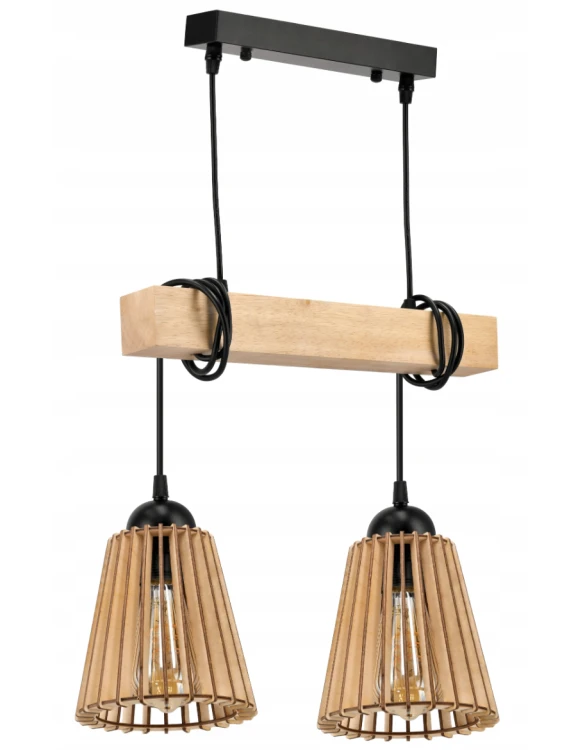 Lampa sufitowa LED 2xE27 - drewniana z kloszami w stożek