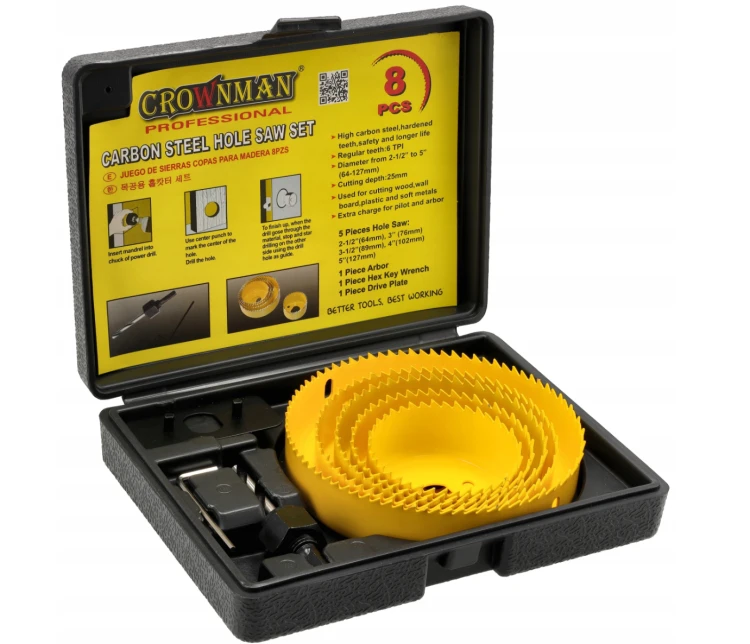 Otwornica do drewna karbonowana z adapterem Zestaw 8 + Pudełko