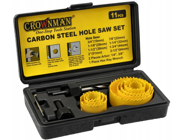 Otwornica do drewna karbonowana z adapterem Zestaw 11 + Pudełko