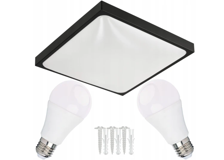 Plafon LED 2xE27 kwadratowy czarny z żarówkami LED - Zestaw