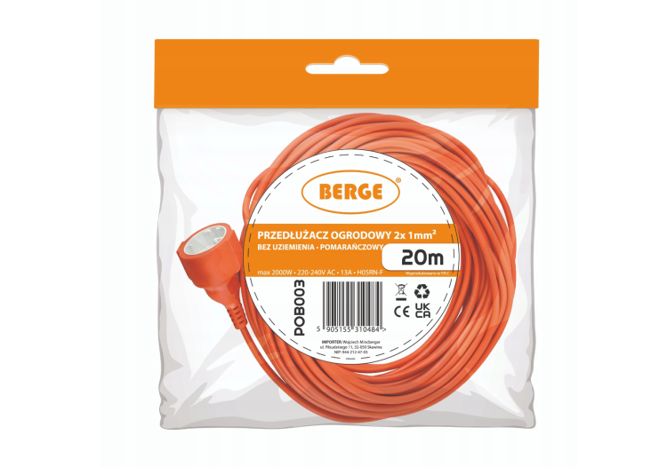 Przedłużacz 20m ogrodowy / uniwersalny długi 230V 2x1mm2 13A 2000W