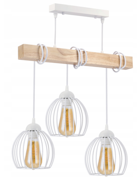 Lampa sufitowa wisząca LED drewniana belka 3xE27 Kula druciana - biała