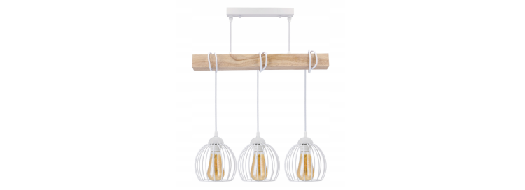 Lampa sufitowa wisząca LED drewniana belka 3xE27 Kula druciana - biała