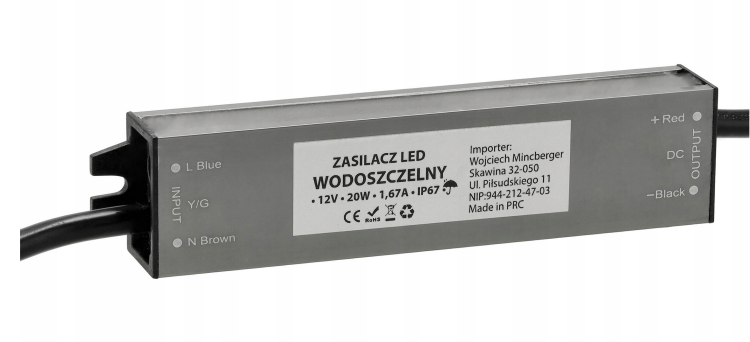 Zasilacz LED hermetyczny - 12V - 20W - 1,67A - IP67