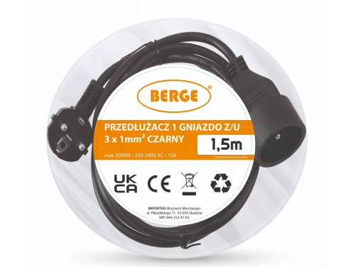 Przedłużacz 1,5m sieciowy z uziemieniem 1 gniazdo - czarny 3*1mm2 13A 2000W
