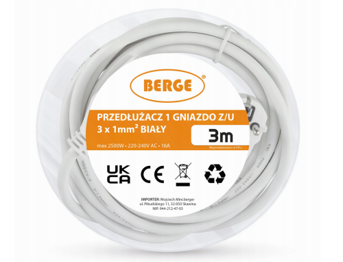 Przedłużacz 3m sieciowy z uziemieniem 1 gniazdo - biały 3*1,5 mm2 16A 2500W