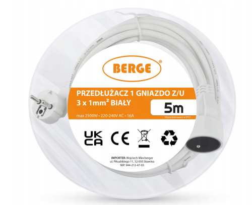 Przedłużacz 5m sieciowy z uziemieniem 1 gniazdo - biały 3*1,5 mm2 16A 2500W