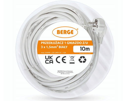 Przedłużacz 10m sieciowy z uziemieniem 1 gniazdo - biały 3*1,5 mm2 16A 2500W