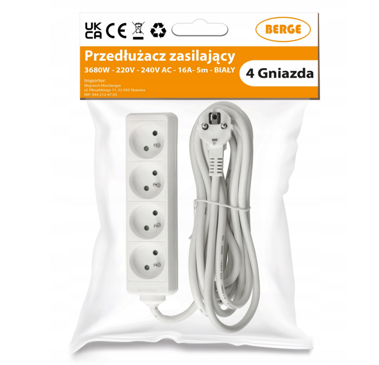 Przedłużacz 5m z uziemieniem 4 gniazda - biały 3*1,5 mm2 16A 3680W