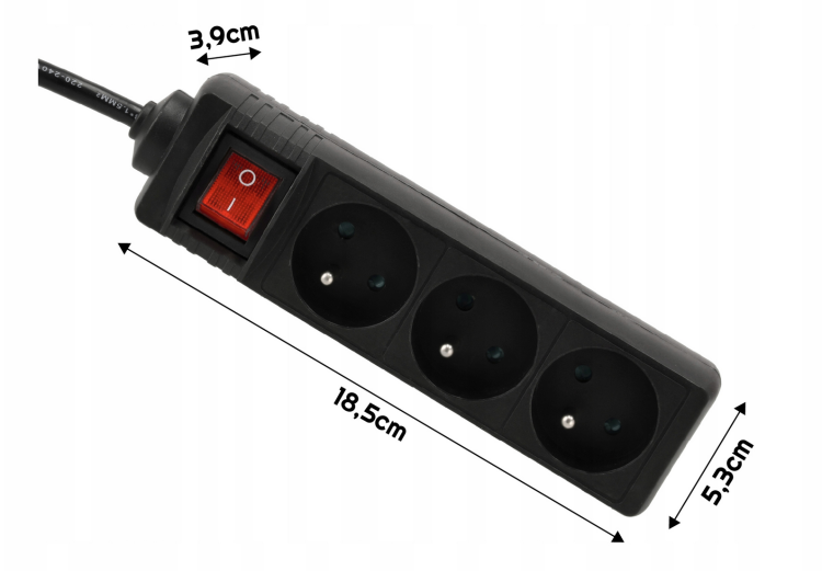 Przedłużacz 5m z uziemieniem 3 gniazda - czarny 3*1,5mm2 3680W