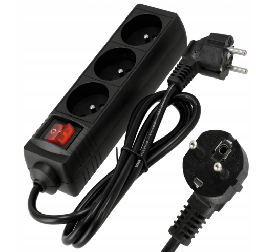 Przedłużacz 5m z uziemieniem 3 gniazda - czarny 3*1,5mm2 3680W