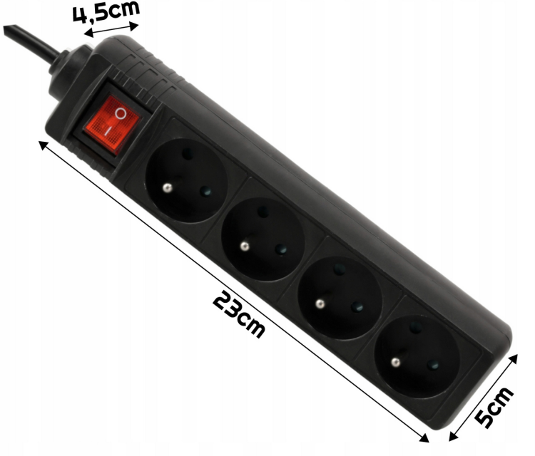 Przedłużacz 3m z uziemieniem 4 gniazda - czarny 3*1,5mm2 3680W