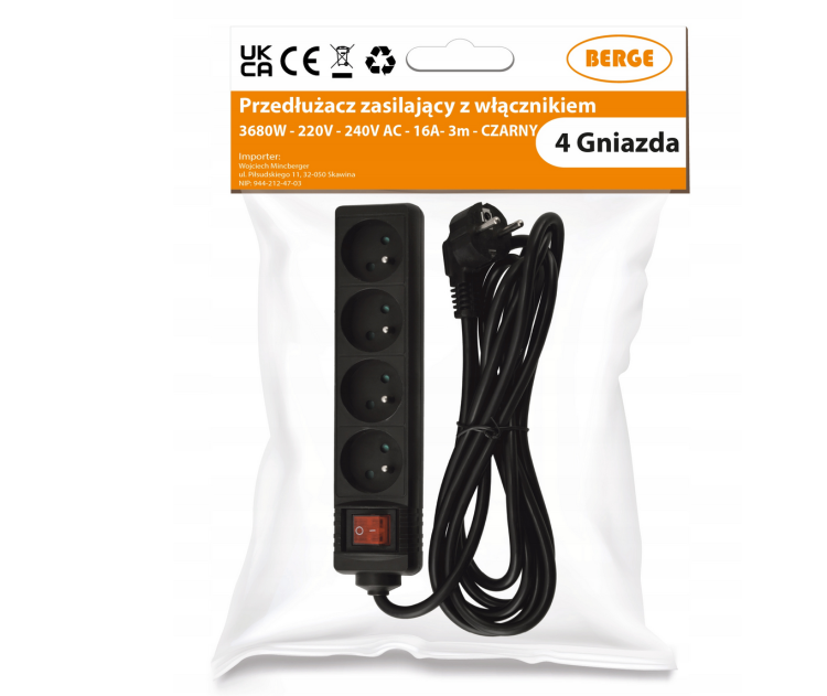 Przedłużacz 3m z uziemieniem 4 gniazda - czarny 3*1,5mm2 3680W