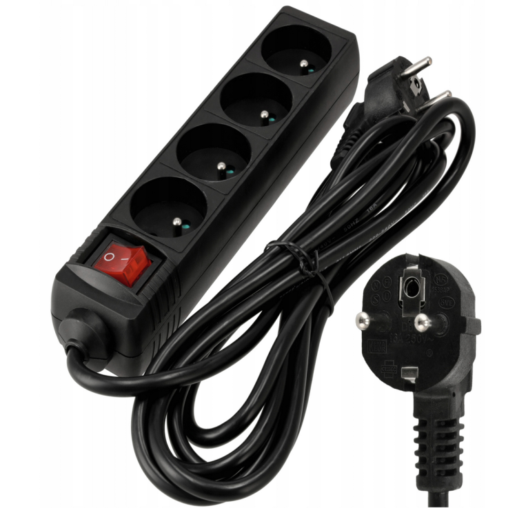 Przedłużacz 3m z uziemieniem 4 gniazda - czarny 3*1,5mm2 3680W