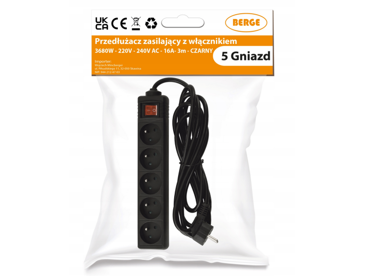 Przedłużacz 3m z uziemieniem 5 gniazd - czarny 3*1,5mm2 3680W