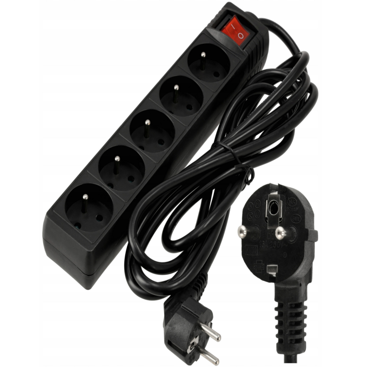 Przedłużacz 3m z uziemieniem 5 gniazd - czarny 3*1,5mm2 3680W