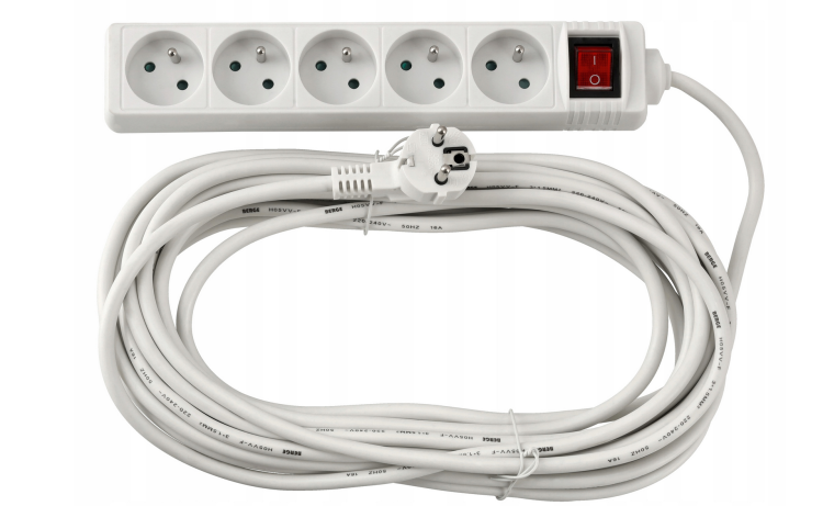 Przedłużacz 10m z uziemieniem 5 gniazd - biały 3*1,5mm2 3680W