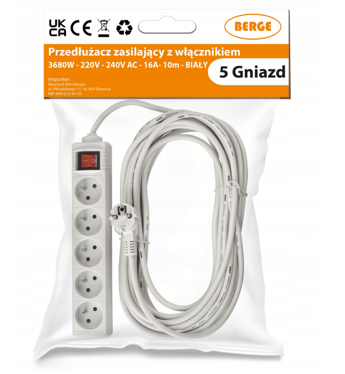 Przedłużacz 10m z uziemieniem 5 gniazd - biały 3*1,5mm2 3680W