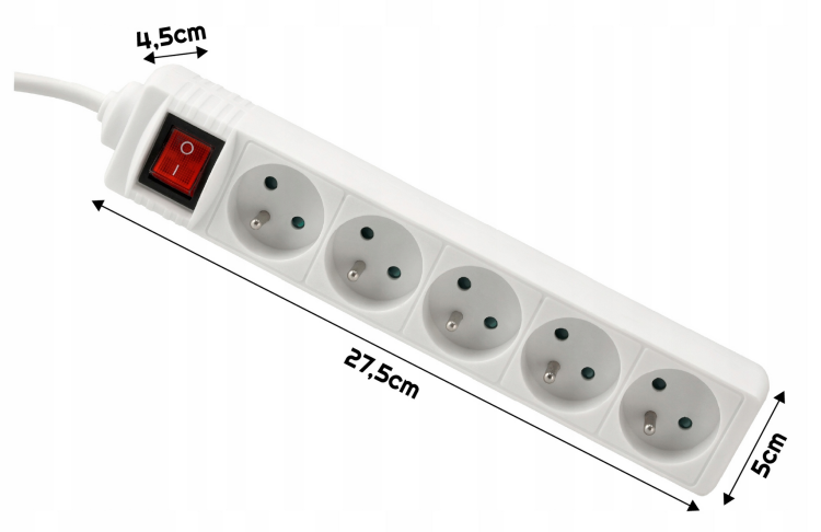 Przedłużacz 10m z uziemieniem 5 gniazd - biały 3*1,5mm2 3680W
