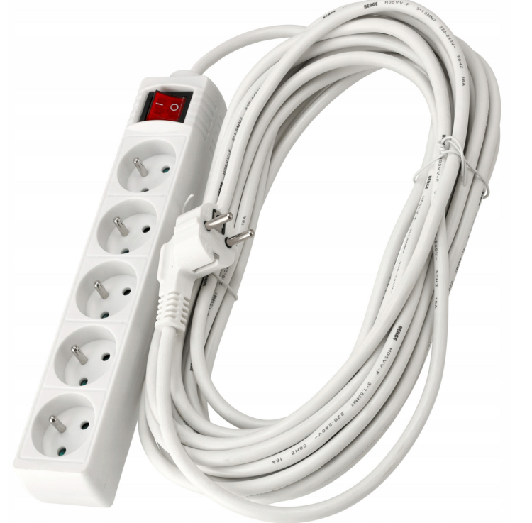 Przedłużacz 10m z uziemieniem 5 gniazd - biały 3*1,5mm2 3680W