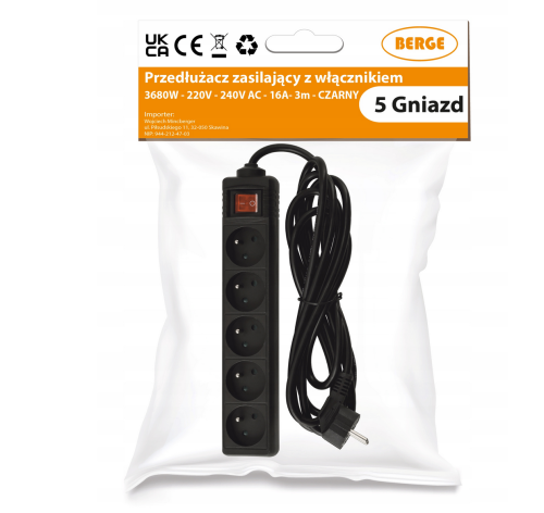 Przedłużacz 5 gniazd 3m czarny z wyłącznikiem 3x1,5mm