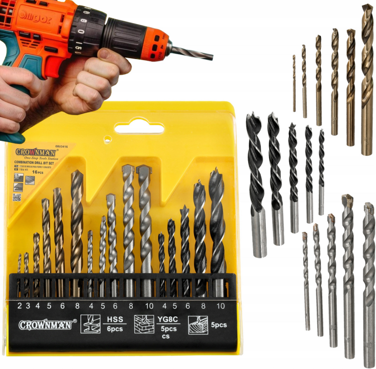 Zestaw wierteł do metalu betonu drewna 16 sztuk