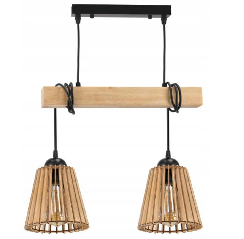 Lampa sufitowa LED 2xE27 - drewniana z kloszami w stożek