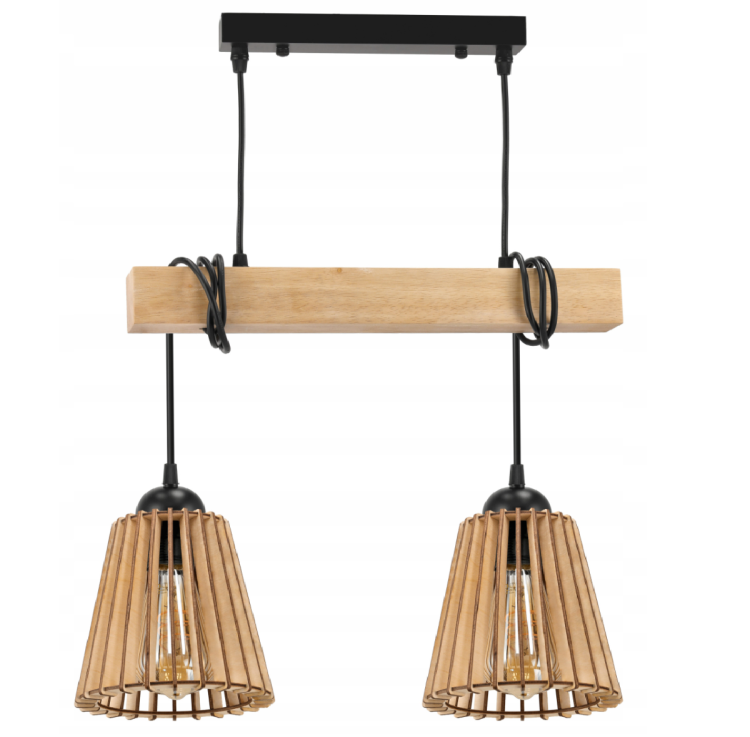 Lampa sufitowa LED 2xE27 - drewniana z kloszami w stożek