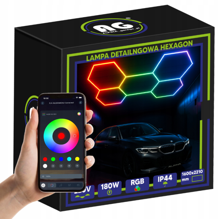 Lampa LED HEXAGON RGB 180W Panel Oświetlenie Warsztat Dom + Aplikacja Pilot