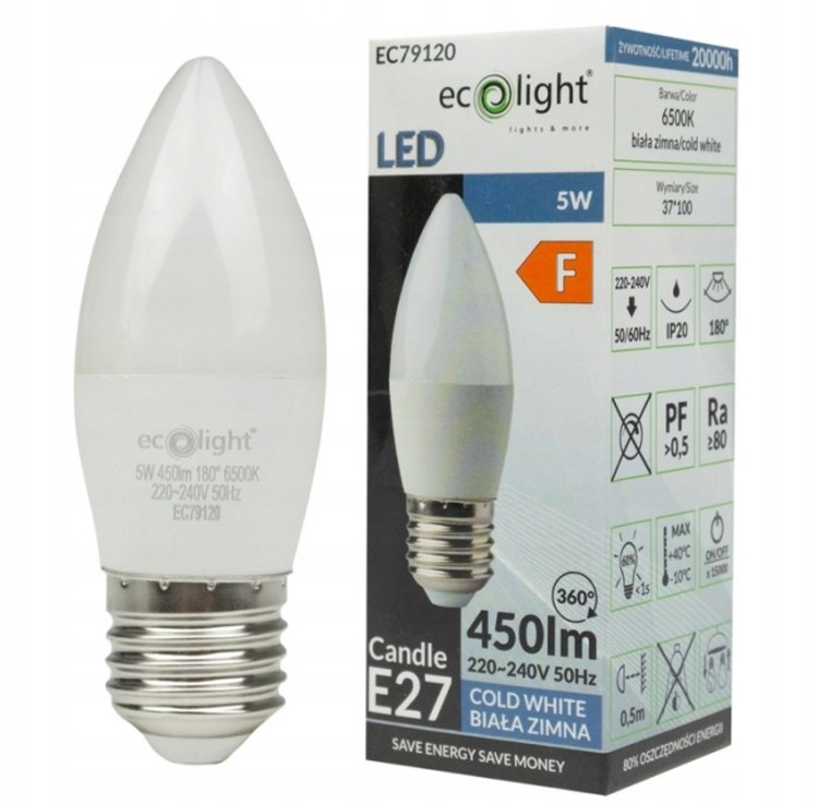 Żarówka LED E27 5W 500lm 6500K Biała Zimna 220-240V AC Energoszczędna
