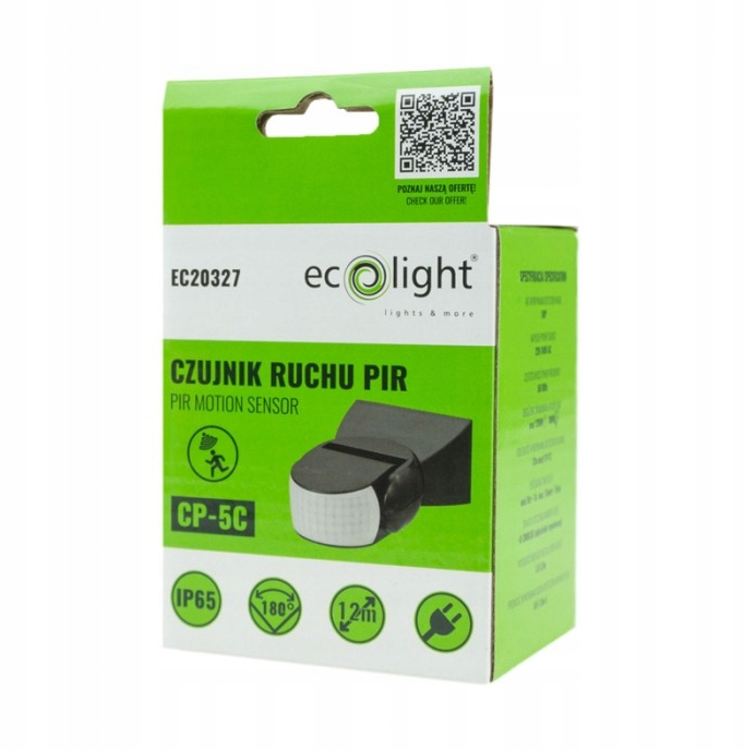 Czujnik Ruchu PIR 220-240V AC Regulowany Wodoszczelny IP65 Max 300W Czarn