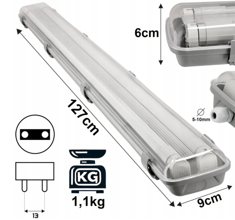 ZESTAW 2x Oprawa Hermetyczna 2x120 + 4x Świetlówka Tuba LED 18W 1800lm 4000K