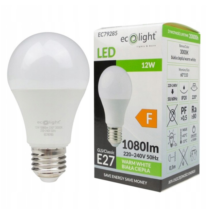 Żarówka LED E27 12W 1080lm 3000K Barwa Światła Ciepła WW Eco Light