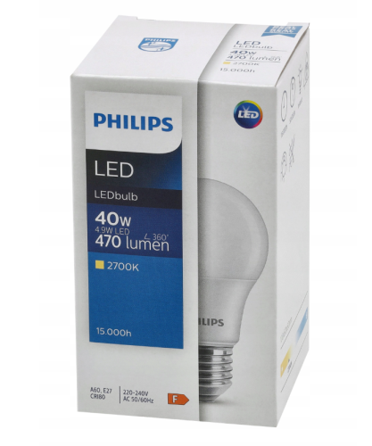 Żarówka LED E27 PHILIPS 4.9W = 40W 470lm Barwa Ciepła 2700k LEDBulb A60 (