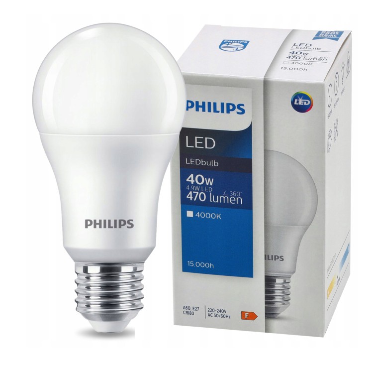 Żarówka LED E27 PHILIPS 4.9W = 40W 470lm Barwa Neutralna 4000k LEDBulb A60