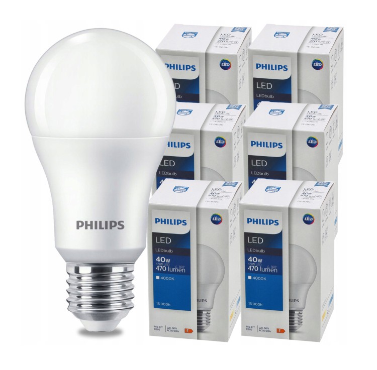 ZESTAW 6 sztuk. Żarówka LED PHILIPS E27 4.9W = 40W 470lm Barwa Neutralna 4000k LEDBulb