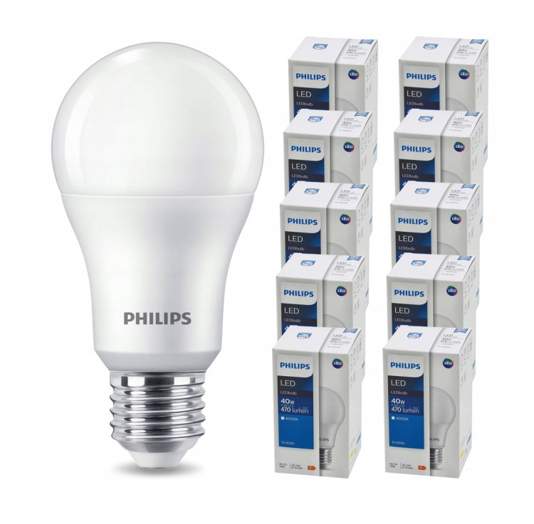 ZESTAW 10 sztuk. Żarówki LED PHILIPS E27 4.9W = 40W 470lm Barwa Neutralna 4000k LEDBulb