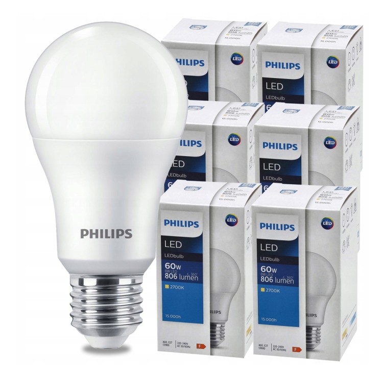 ZESTAW 6 sztuk. Żarówka LED E27 8W = 60W 806lm PHILIPS Barwa Ciepła 2700K A60