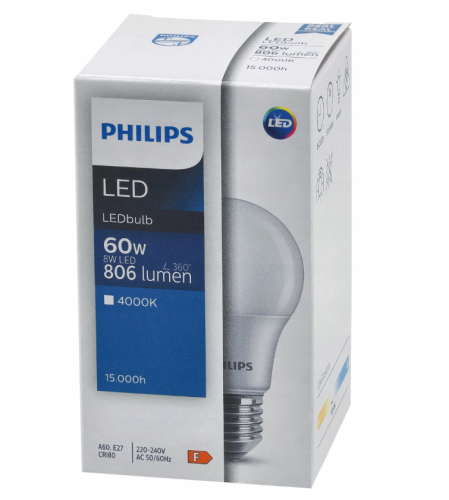 Żarówka LED E27 PHILIPS 8W = 60W 806lm Barwa Neutralna 4000K LEDBulb A60