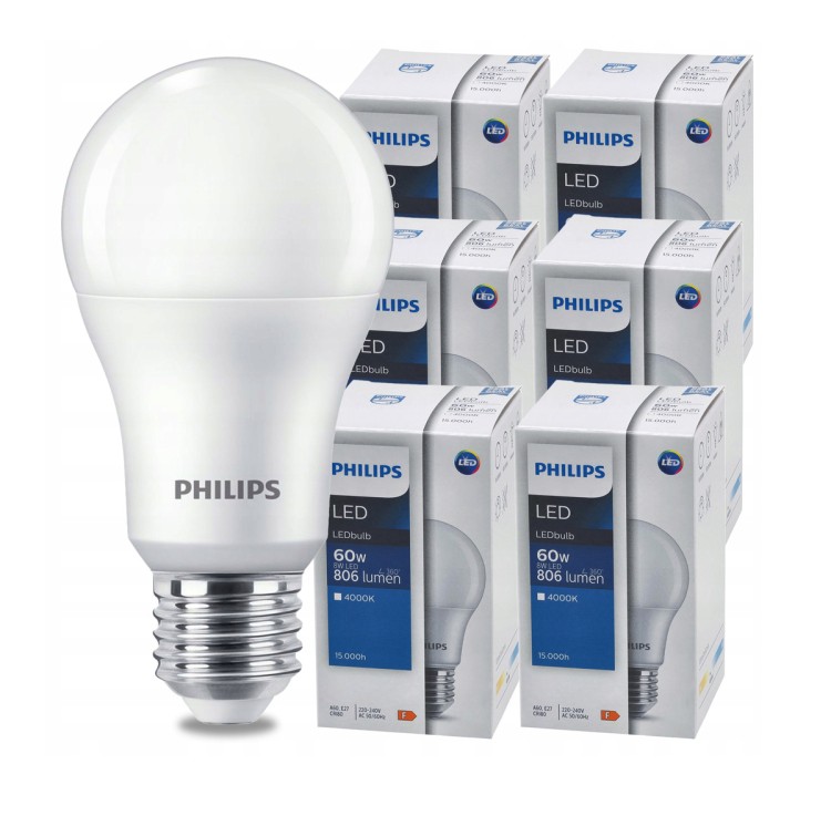 ZESTAW 6 sztuk. Żarówka PHILIPS LED E27 8W = 60W 806lm Barwa Neutralna 4000K LEDBulb A60
