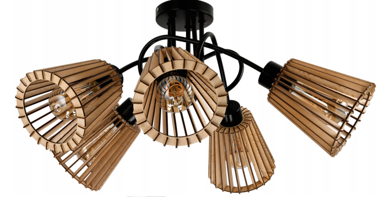 LAMPA SUFITOWA LED LOFT 5XE27 DREWNIANY Stożek