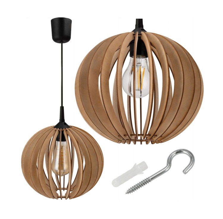 LAMPA WISZĄCA SUFITOWA ŻYRANDOL LED E27 REGULOWANA 0-100cm DREWNIANY KLOSZ