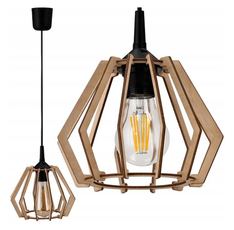 LAMPA SUFITOWA LED WISZĄCA DREWNIANA Z ZACZEPEM + Długi Regulowany Kabel